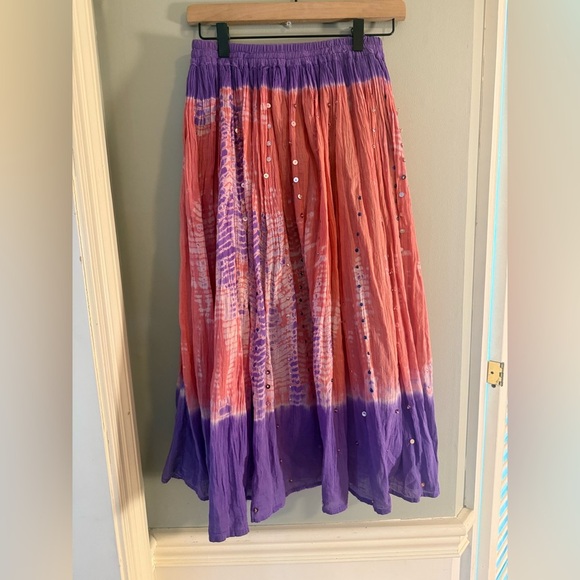 Boho Tie Dye Sequin Crinkle Maxi Skirt Pink Purple Elastic Waist Festival S/M - Picture 7 of 7